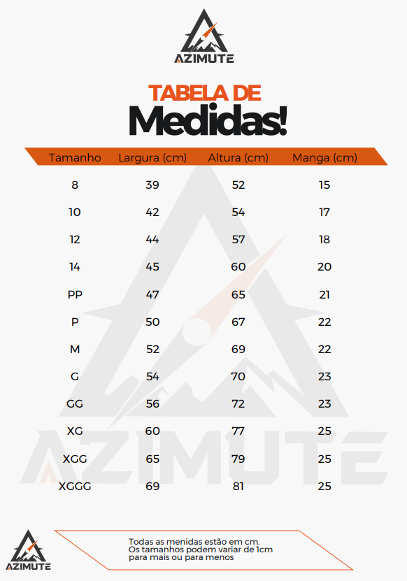 Tabela de medidas Azimute: tamanhos 8, 10, 12, 14, PP, P, M, G, GG, XG, XGG e XGGG